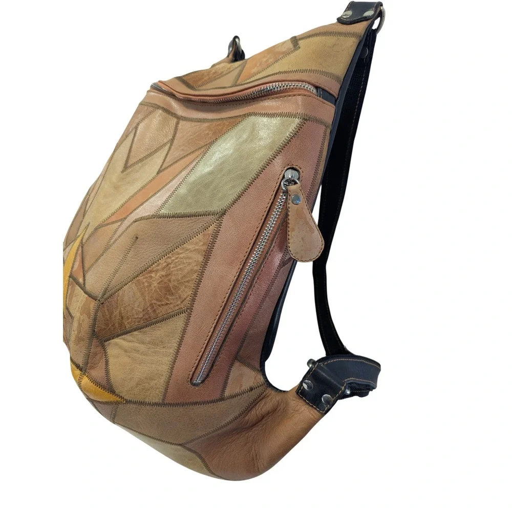 Leonid Titow Patchwork Leather Backpack Brown Tan Geometric Geometric Mosaic Bag